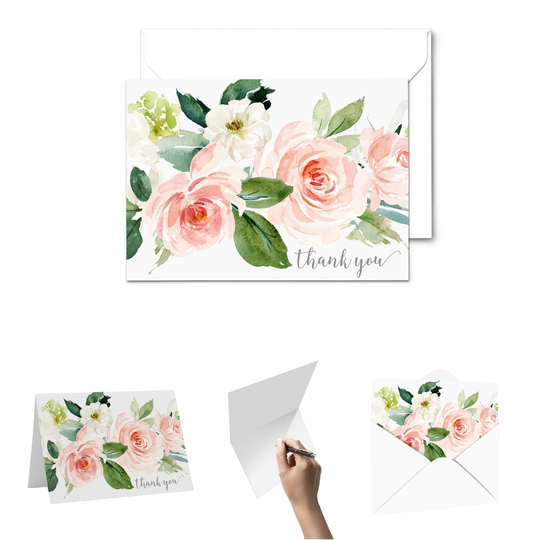 Paper Clever Party Graceful Floral Thank You Cards for Bridal Shower, Wedding, Any Occasion, Blank Notecards with Envelopes Set, Folded Notes, 25 Pack