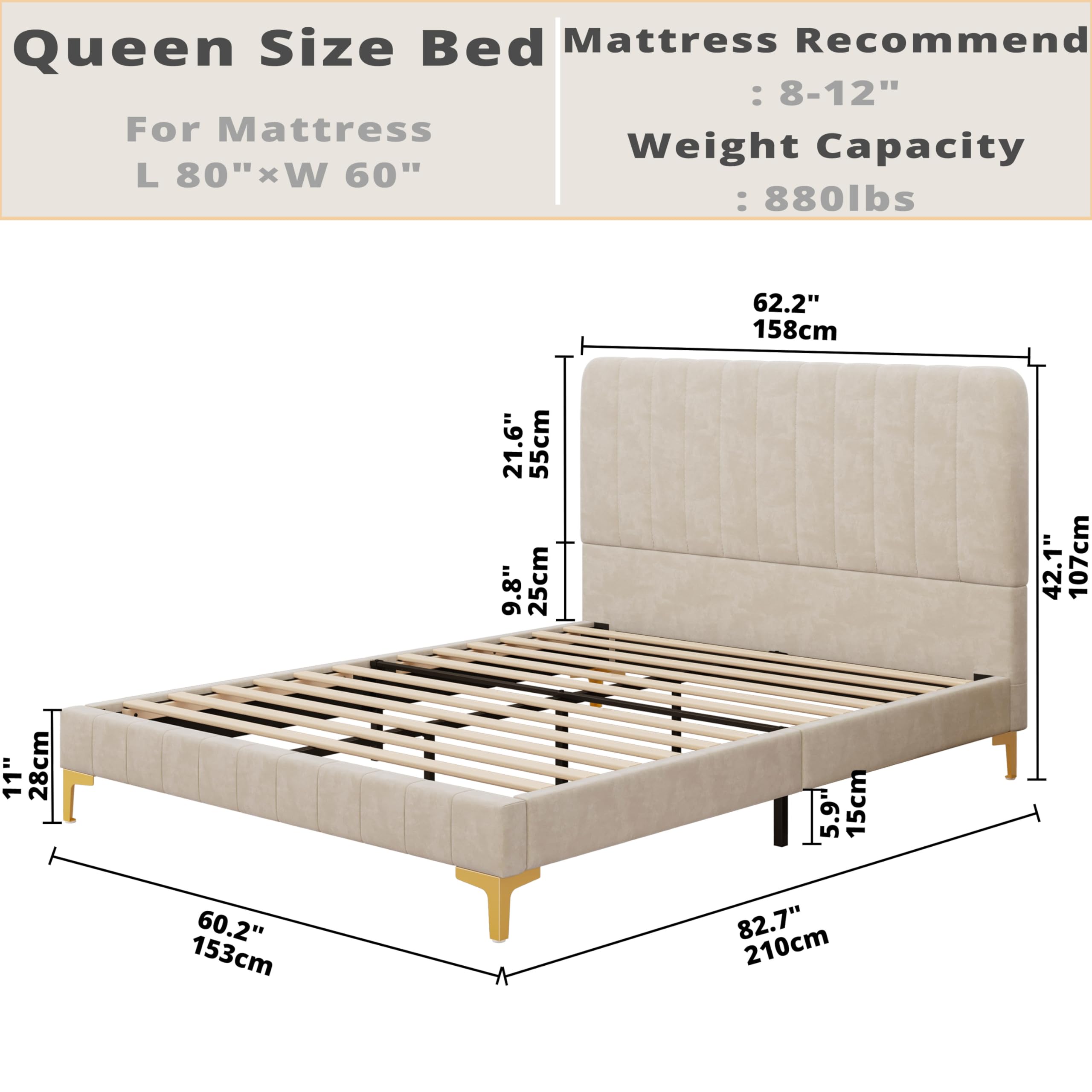 LIKIMIO Upholstered Bed Frame Queen, Velvet Bed Frame Queen Size Bed Frame with Headboard, Boho Bedframe Mattress Foundation, No Box Spring Needed, Beige