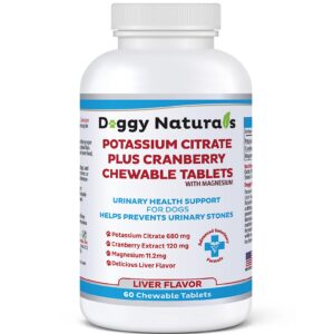 potassium citrate plus cranberry with magnesium supplement for dogs (60 tablets) - urinary tract support - helps deter formation of calcium oxalate stones-deters bladder & kidney stones(made in u.s.a)