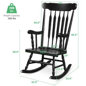 Tangkula Patio Rocking Chair Solid Rubber Wood, Outdoor Porch Rocker Chair with Rubber Wood Frame, Indoor Wooden Rocking Chair, Ideal for Garden, Backyard & Balcony (1, Black)