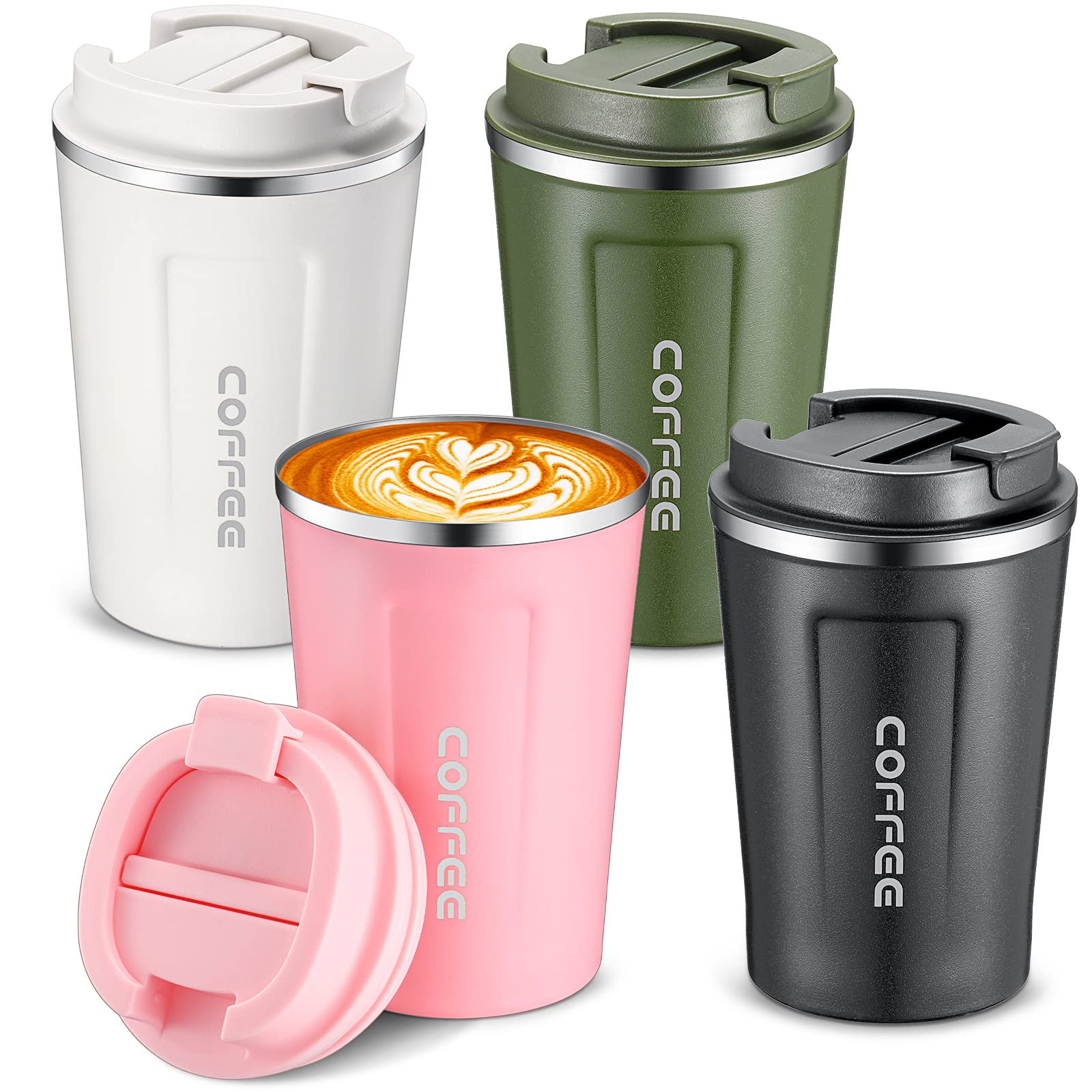 Sieral 4 Pcs 13 oz Christmas Travel Coffee Mug Insulated Reusable Coffee Cups with Leakproof Lid Stainless Steel Portable Coffee Tumbler for Keep Hot or Ice Coffee Milk Tea(Black, White, Pink, Green)