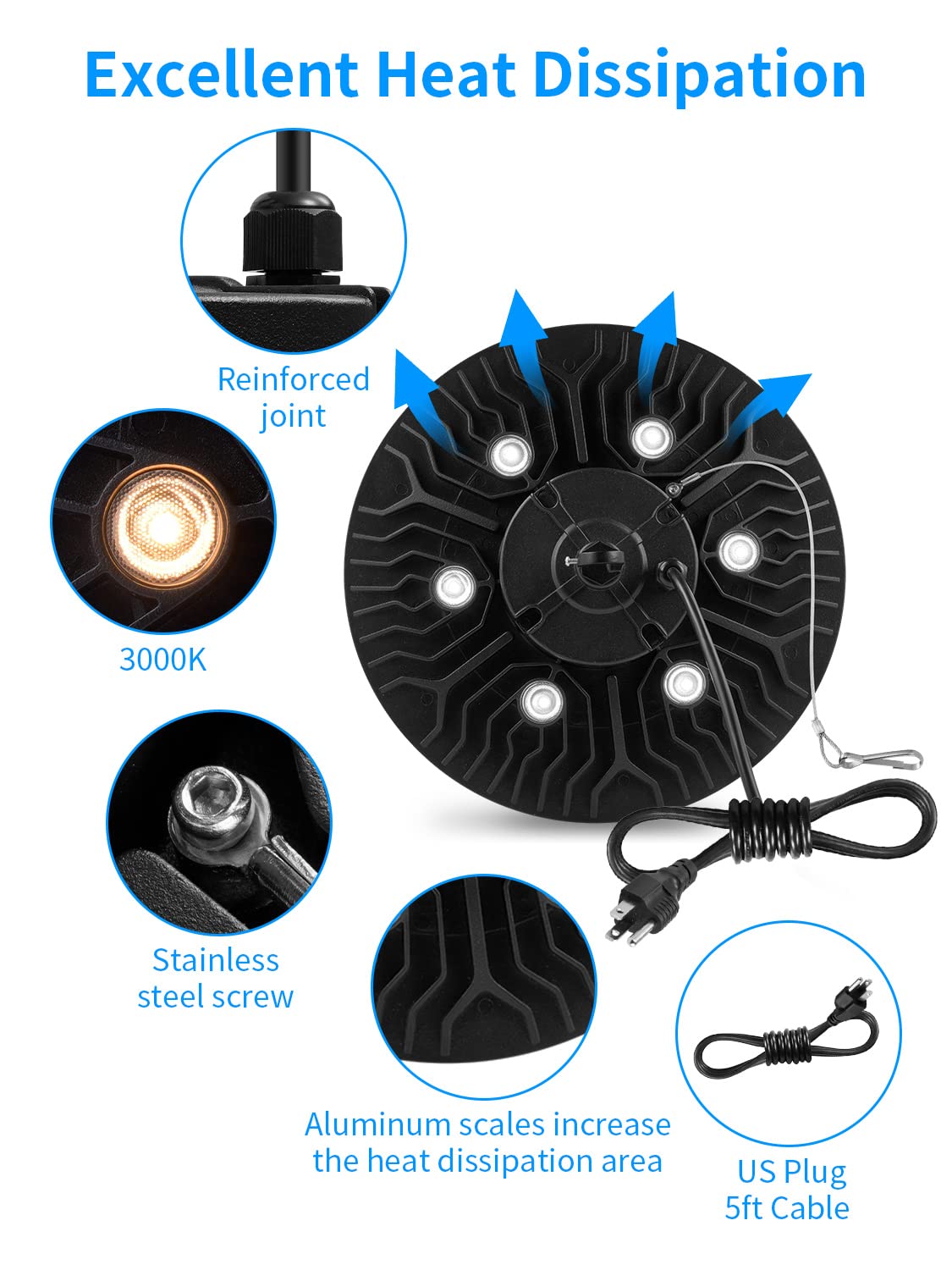 LED High Bay Light 150W, 22500LM LED Shop Light with US Plug 5' Cable, 5000K Daylight UFO LED High Bay Lights, IP65 Commercial Warehouse Light, Super Bright Area Bay Lighting for Garage Barn Workshop