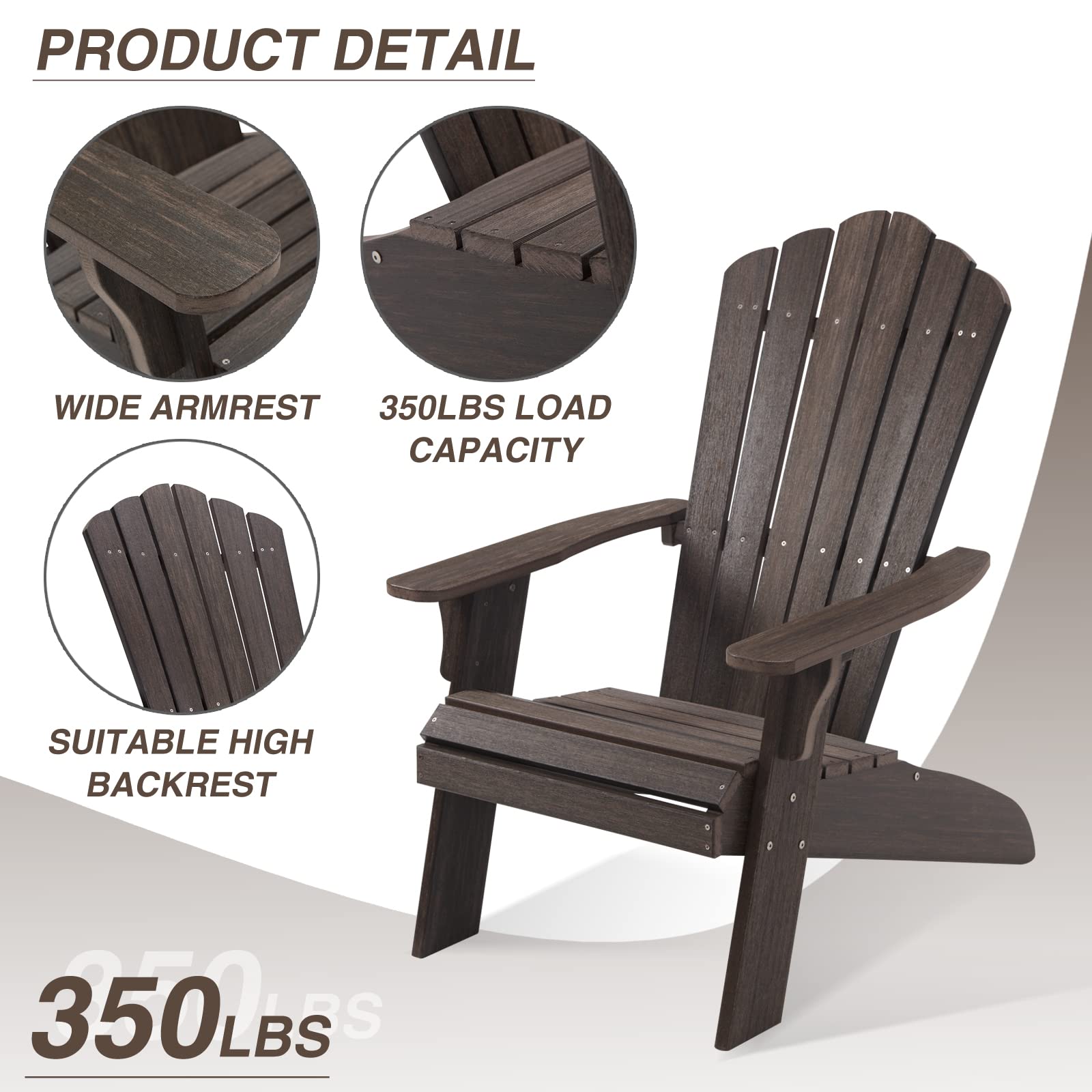 ACUEL Adirondack Chair Outdoor, Oversized Patio Chair Poly Lumber, Weather Resistant & Heavy Duty, Fire Pits Chair for Porch, Poolside, Lawn, Backyard and Garden, 350lbs Capacity (Dark Brown)