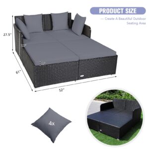 RELAX4LIFE Rattan Patio Outdoor Daybed, Wicker 2-Person Sunbed Loveseat with Soft Cushions, 4 Pillows, Curved Backrest & Armrest, Double Bed Lounger Sofa Set for Balcony Porch, Patio Bed (Grey)