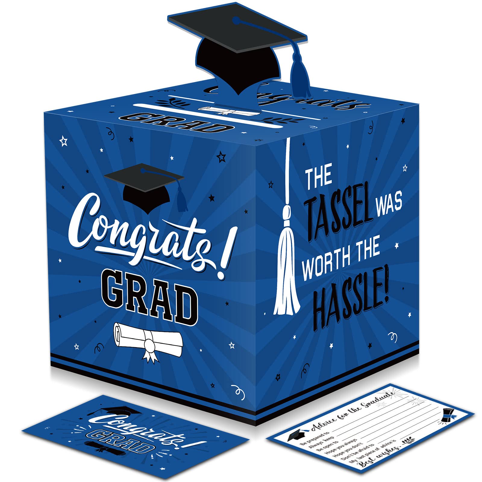 Funrous Large 2024 Graduation Card Box with 30 Pcs Advice Cards Gift Money Box Congrats Grad 3D Cap Top Card Holder Class of 2024 Card Box for College Graduation Party Supplies Decorations(Blue)