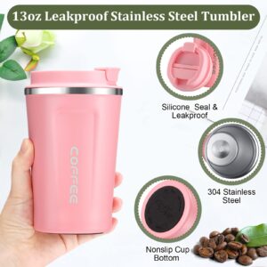 Sieral 4 Pcs 13 oz Christmas Travel Coffee Mug Insulated Reusable Coffee Cups with Leakproof Lid Stainless Steel Portable Coffee Tumbler for Keep Hot or Ice Coffee Milk Tea(Black, White, Pink, Green)