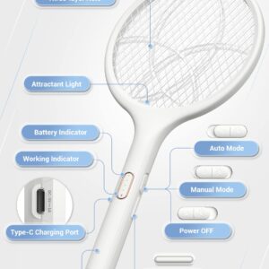 YISSVIC Electric Fly Swatter 4000V Bug Zapper Racket Dual Modes Mosquito Killer with Purple Mosquito Light Rechargeable for Indoor Home Office Backyard Patio Camping