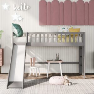 Harper & Bright Designs Twin Loft Bed with Slide, Solid Wood Low Loft Bed Frame for Kids Girls Boys (Twin Size, Gray)