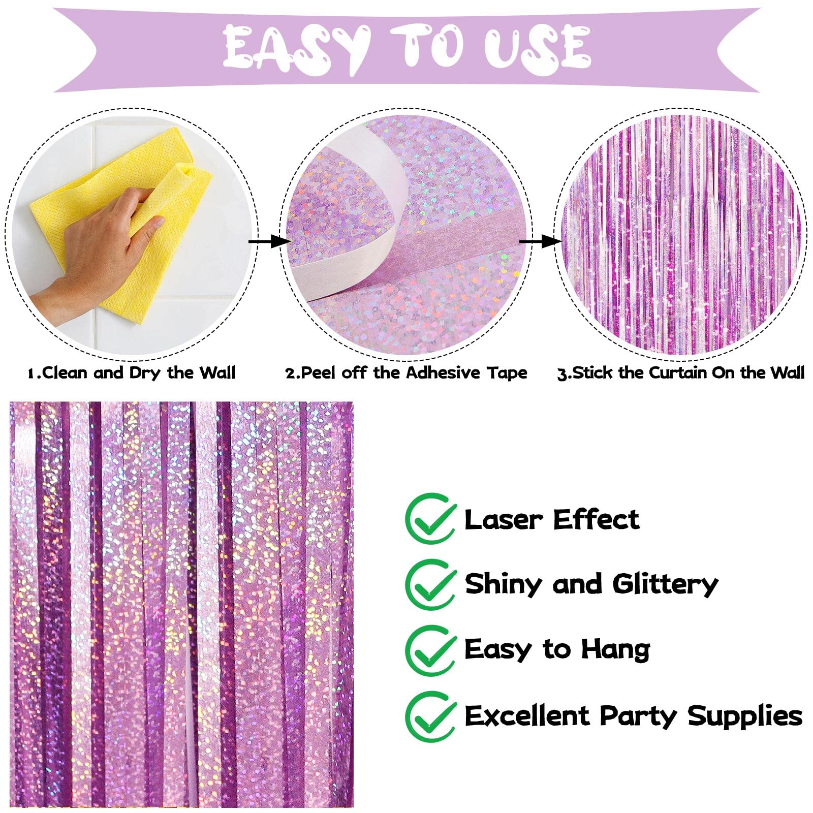 Light Purple Fringe Curtain Backdrop, 2 Pack Tinsel Foil Fringe Curtains Party Decorations Streamers, Xmas Light Purple Metallic Glitter Backdrop for Birthday Wedding Bridal Shower Photo Booth