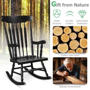 Tangkula Patio Rocking Chair Solid Rubber Wood, Outdoor Porch Rocker Chair with Rubber Wood Frame, Indoor Wooden Rocking Chair, Ideal for Garden, Backyard & Balcony (1, Black)