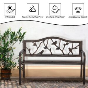 PHI VILLA 50" Patio Garden Bird Bench Steel Frame Park Yard Outdoor Furniture Cast Iron Porch Chair, Bronze