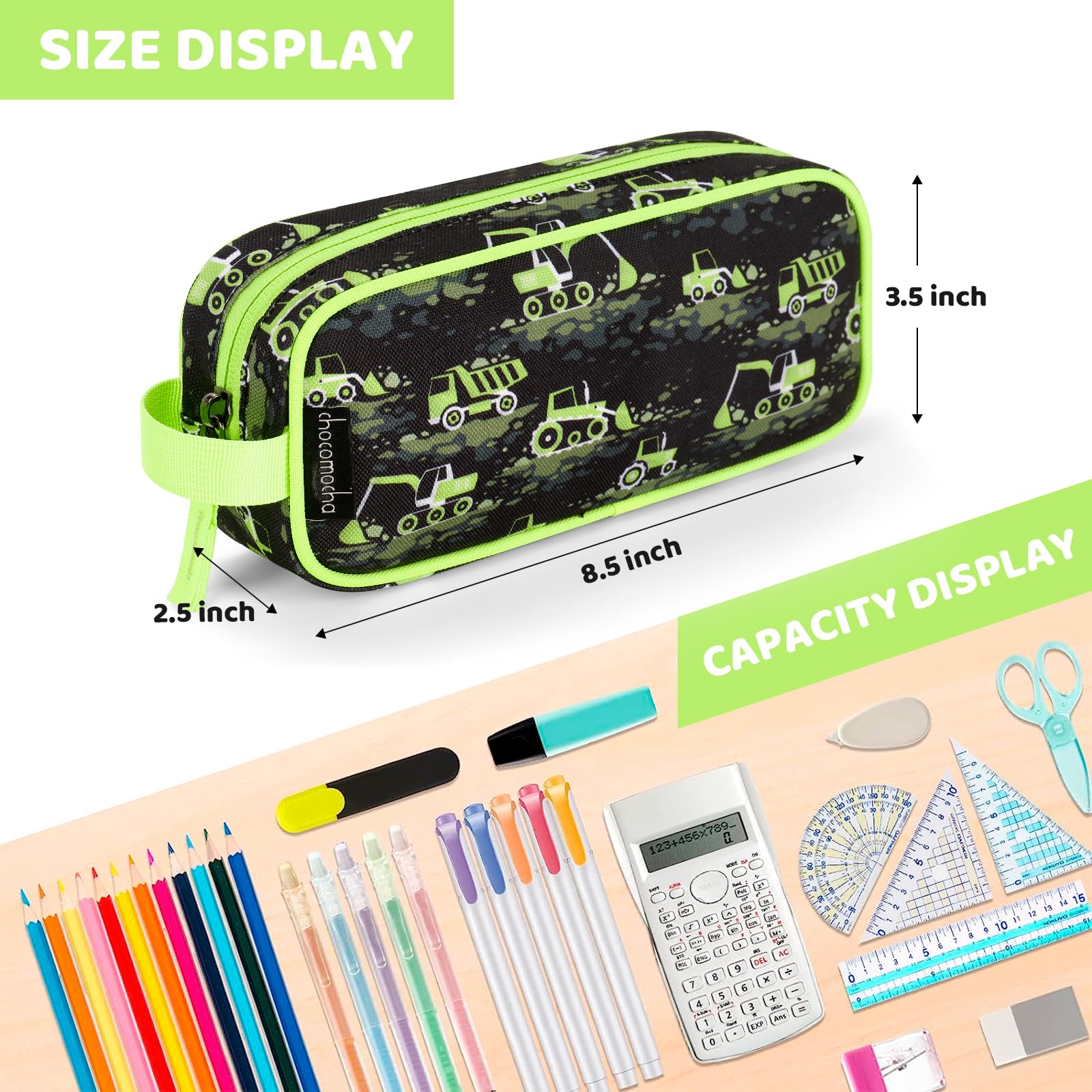 Choco Mocha Excavators Pencil Case for Boys Toddler, Soft Zipper Small Pencil Pouch for Little Boys, Kids Pencil Bag for Boys, Green