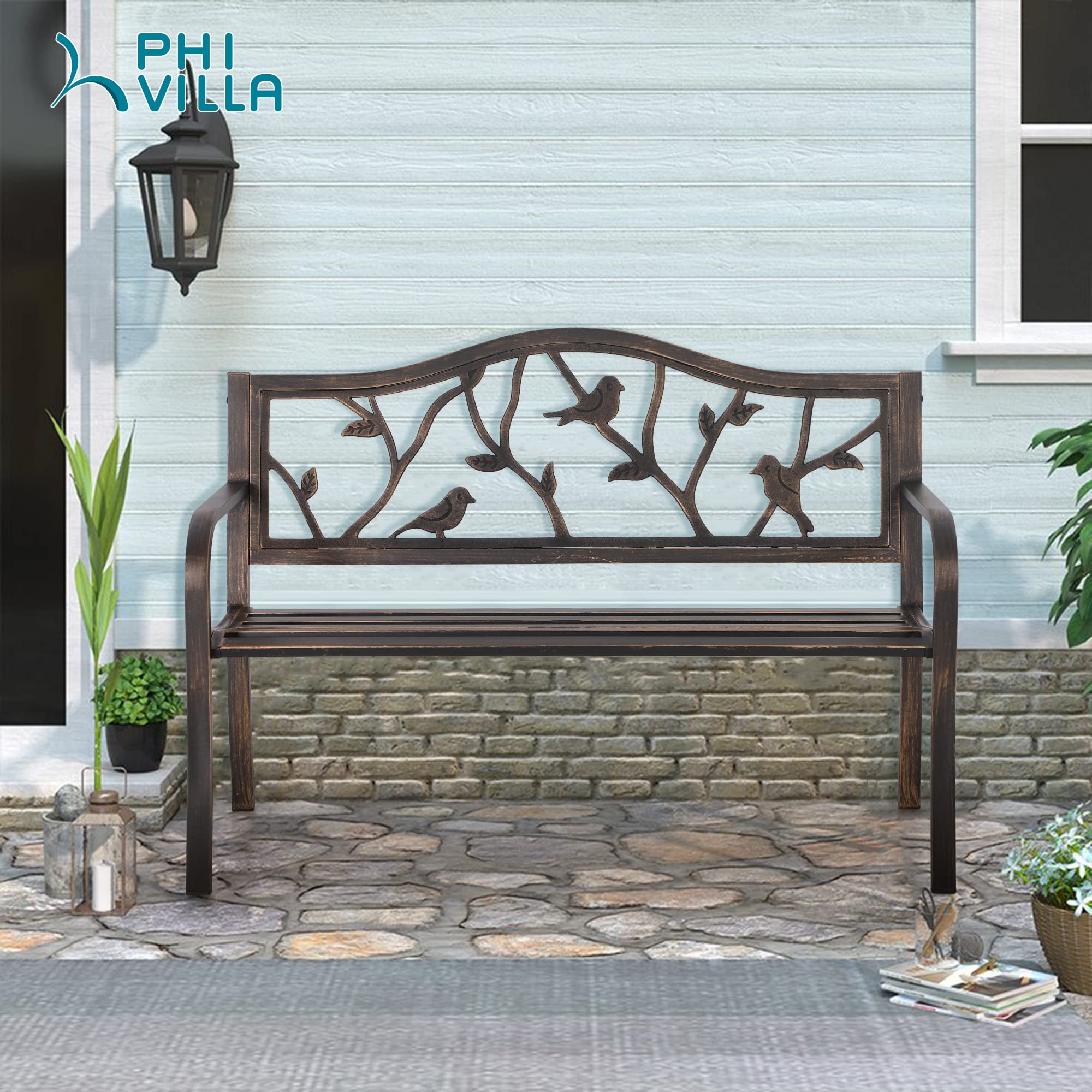 PHI VILLA 50" Patio Garden Bird Bench Steel Frame Park Yard Outdoor Furniture Cast Iron Porch Chair, Bronze