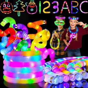 24-Pack Christmas Light Up Glow Sticks Fidget Pop Tubes Kids Party Favors Toddler Sensory Toys Bulk, Goodie Bag Stuffer Fillers, Birthday Return Gifts Treat Prizes, LED Glow in The Dark Party Supplies