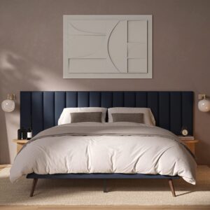 dg casa rhodes queen bed frame with extended headboard, soft blue velvet fabric, splayed wood legs, solid wood legs, wood slat support, chic tan headboard, modern, blue