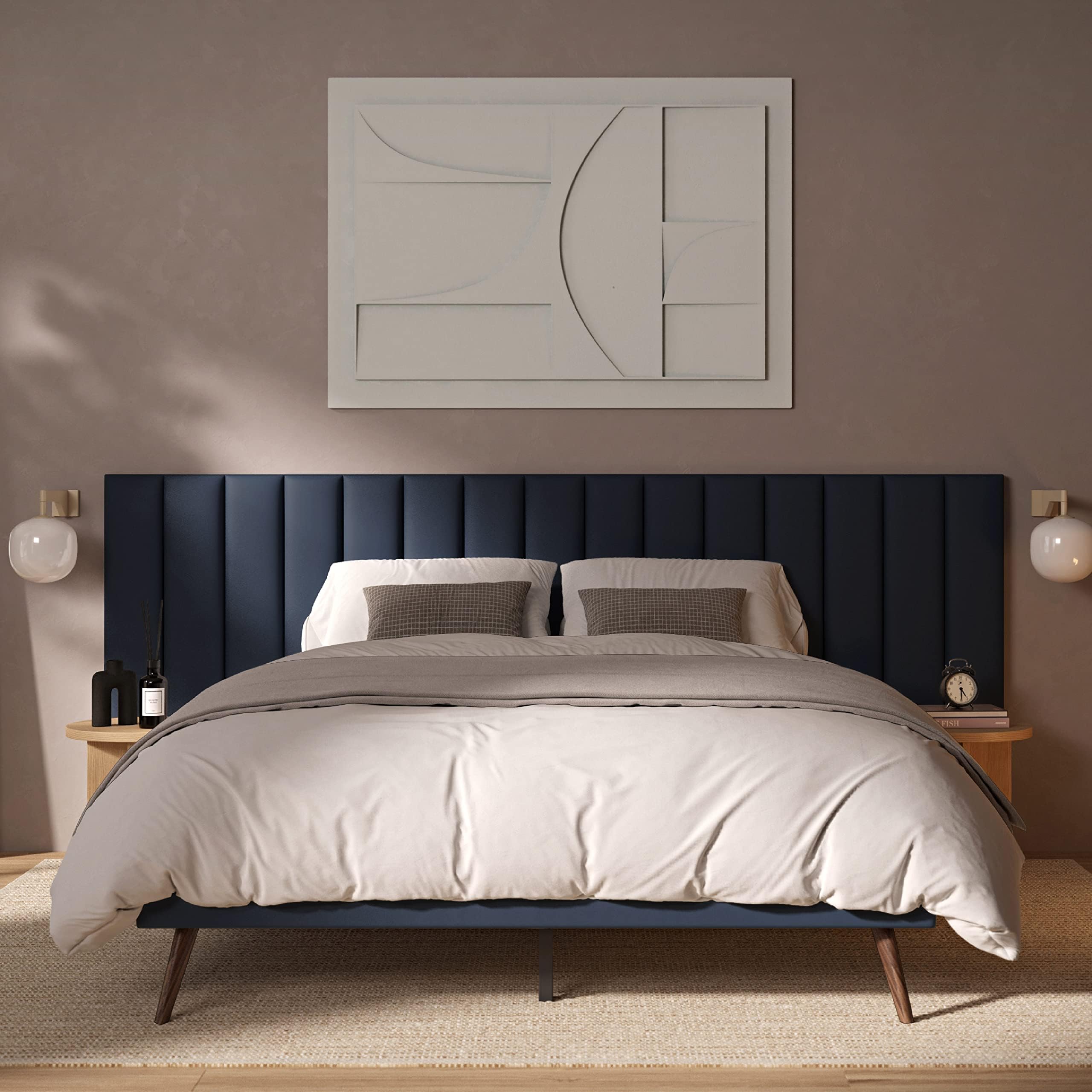 DG Casa Rhodes Queen Bed Frame with Extended Headboard, Soft Blue Velvet Fabric, Splayed Wood Legs, Solid Wood Legs, Wood Slat Support, Chic Tan Headboard, Modern, Blue