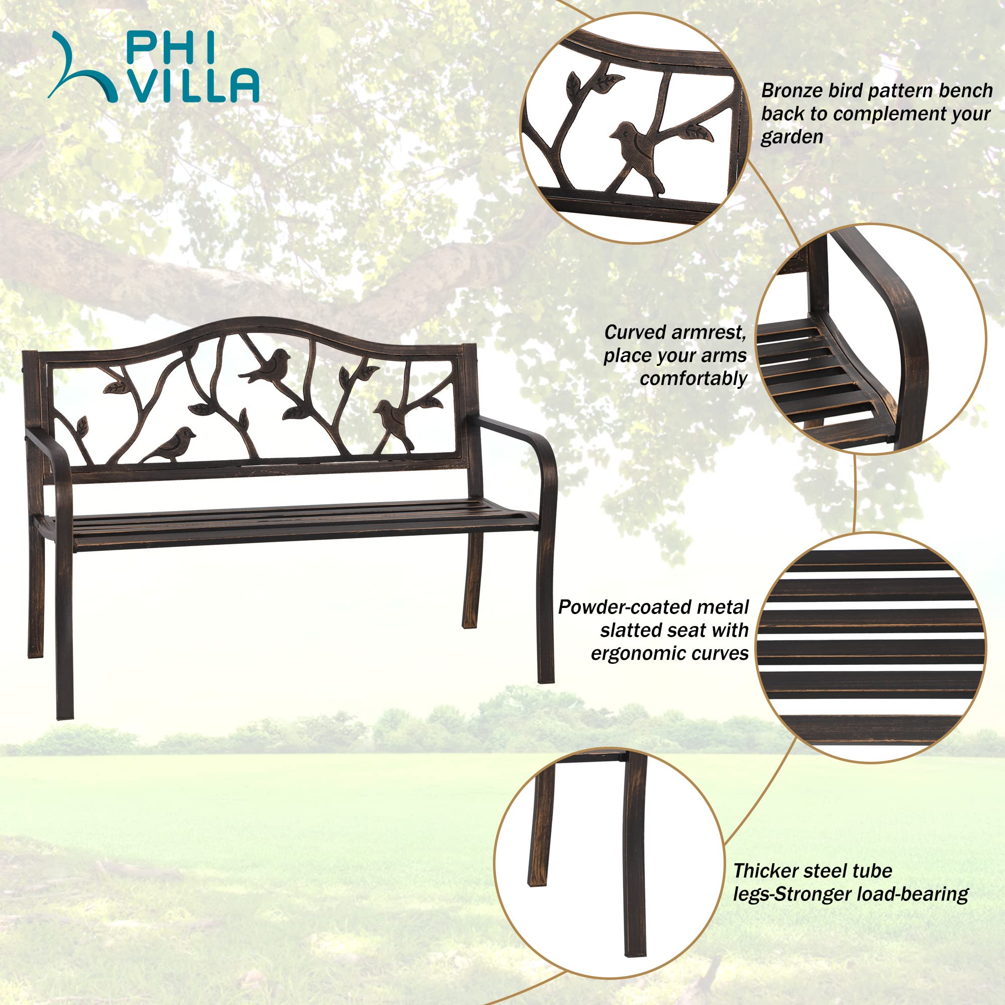 PHI VILLA 50" Patio Garden Bird Bench Steel Frame Park Yard Outdoor Furniture Cast Iron Porch Chair, Bronze