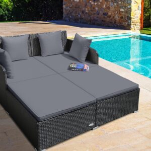 RELAX4LIFE Rattan Patio Outdoor Daybed, Wicker 2-Person Sunbed Loveseat with Soft Cushions, 4 Pillows, Curved Backrest & Armrest, Double Bed Lounger Sofa Set for Balcony Porch, Patio Bed (Grey)