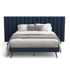 DG Casa Rhodes Queen Bed Frame with Extended Headboard, Soft Blue Velvet Fabric, Splayed Wood Legs, Solid Wood Legs, Wood Slat Support, Chic Tan Headboard, Modern, Blue