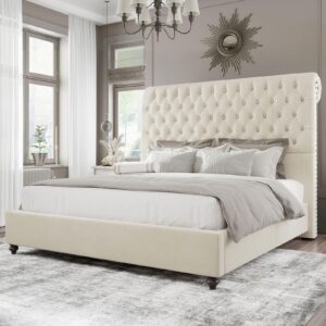 Jocisland Upholstered Bed Frame Queen Velvet Tufted Sleigh Headboard Cream