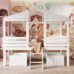 Merax Junior Wood Loft House Bed with Ladder/Drawers, Low Loft Bunk Bed for Girls Boys,No Box Spring Needed/Space Saving Twin Size White