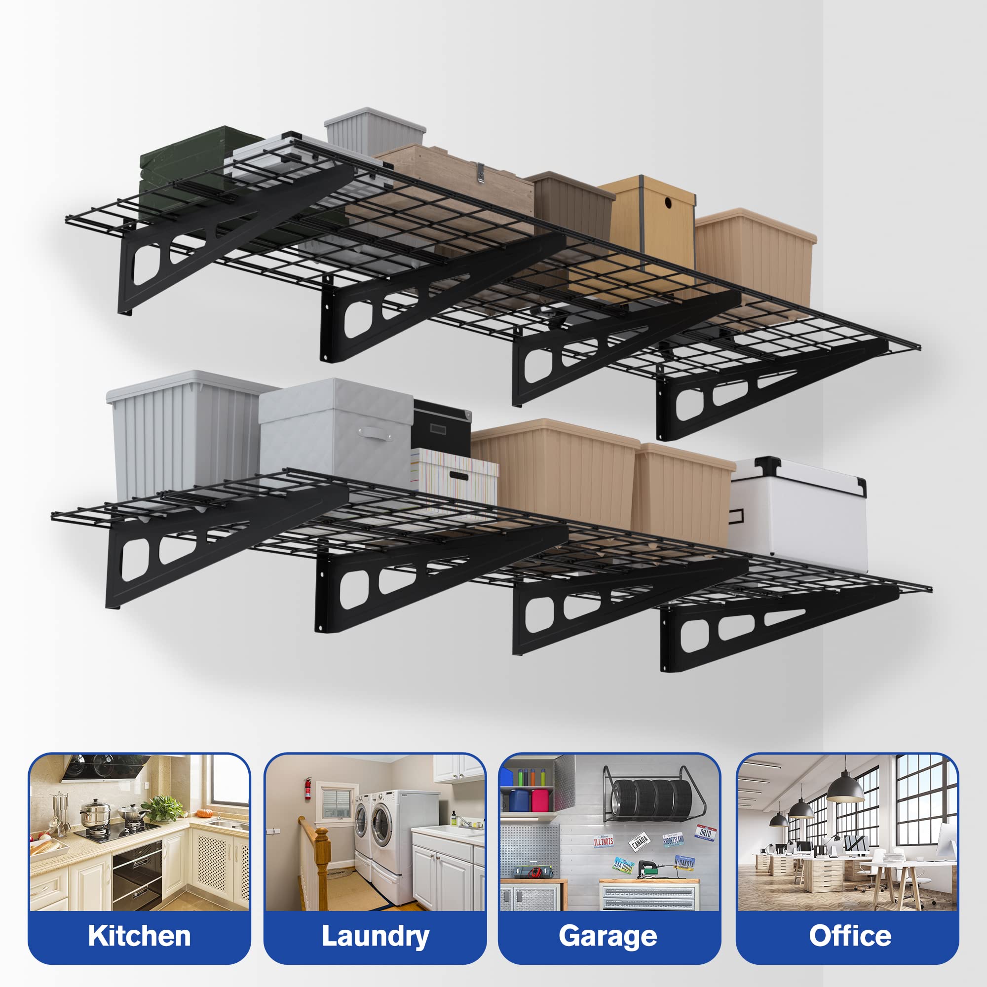 WORKPRO 2-Pack 2x6FT Garage Wall Shelving, 72” x 24” Heavy Duty Wall Mounted Shelving, 800lbs Load Capacity (Total), Metal Wall Shelves Suitable for Shop, Shed, Garage Storage, Black, 1 Sets