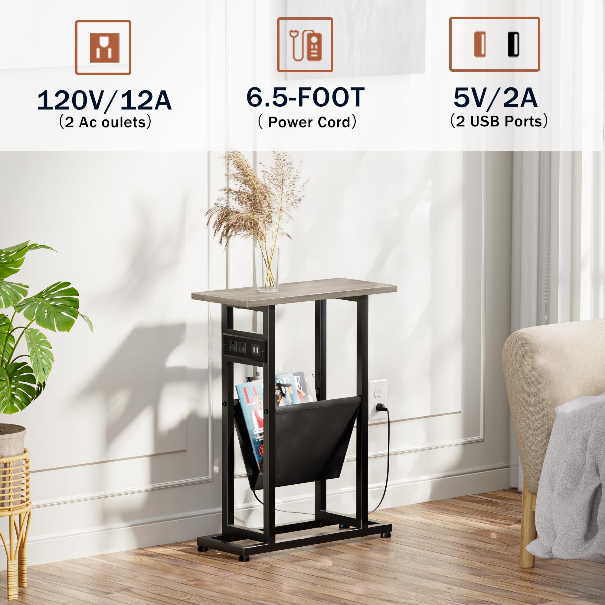 LAKEMID Narrow Side Table Set of 2 with Charging Station, Skinny Side Tables with Storage, Slim End Tables for Small Spaces with USB Ports for Living Room, Bedroom, Grey