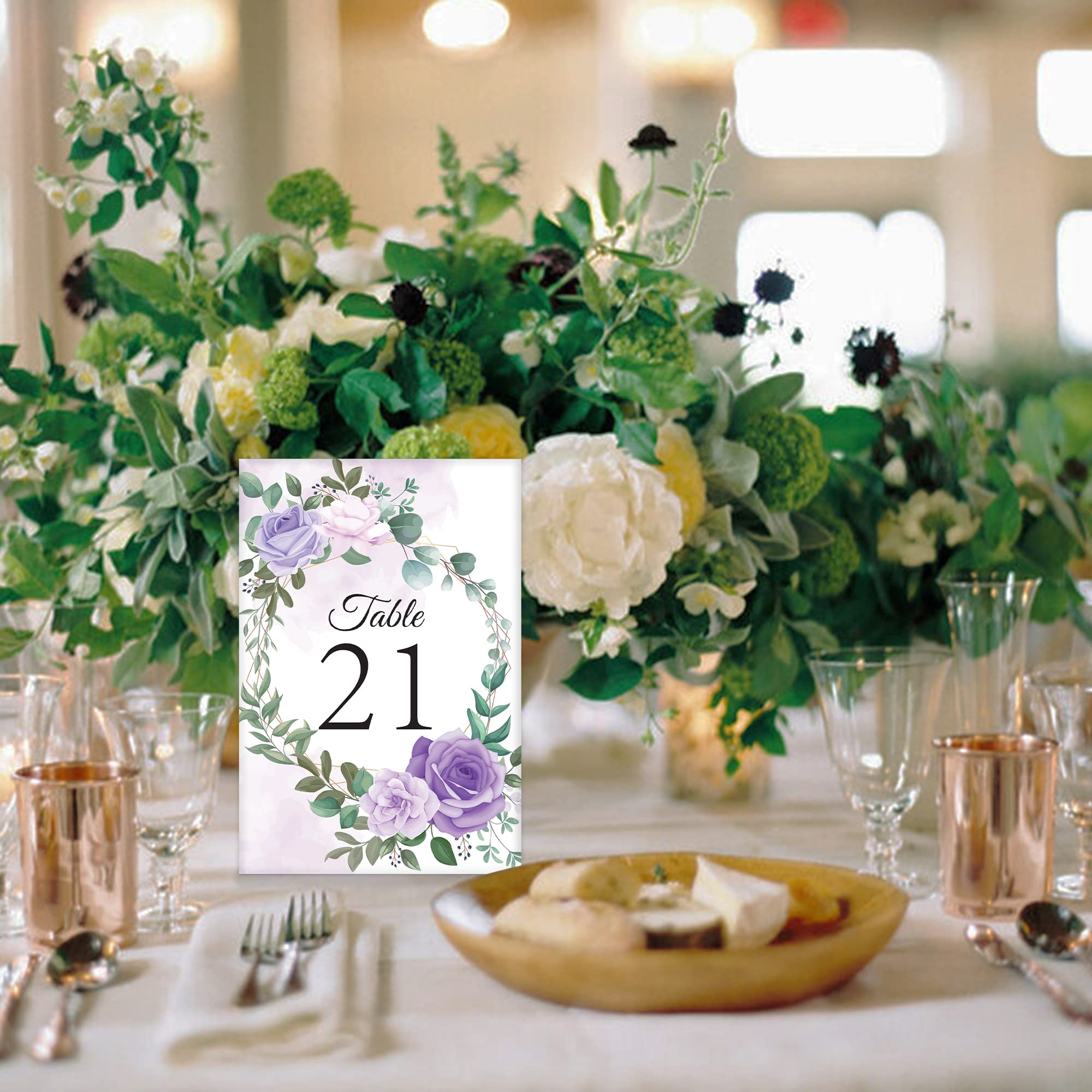 26 Pieces Wedding Table Numbers Cards 1-25 with Head Table Numbers - Purple Roses Double Sided 4x6in - Table Numbers for Wedding Reception/Party/Event