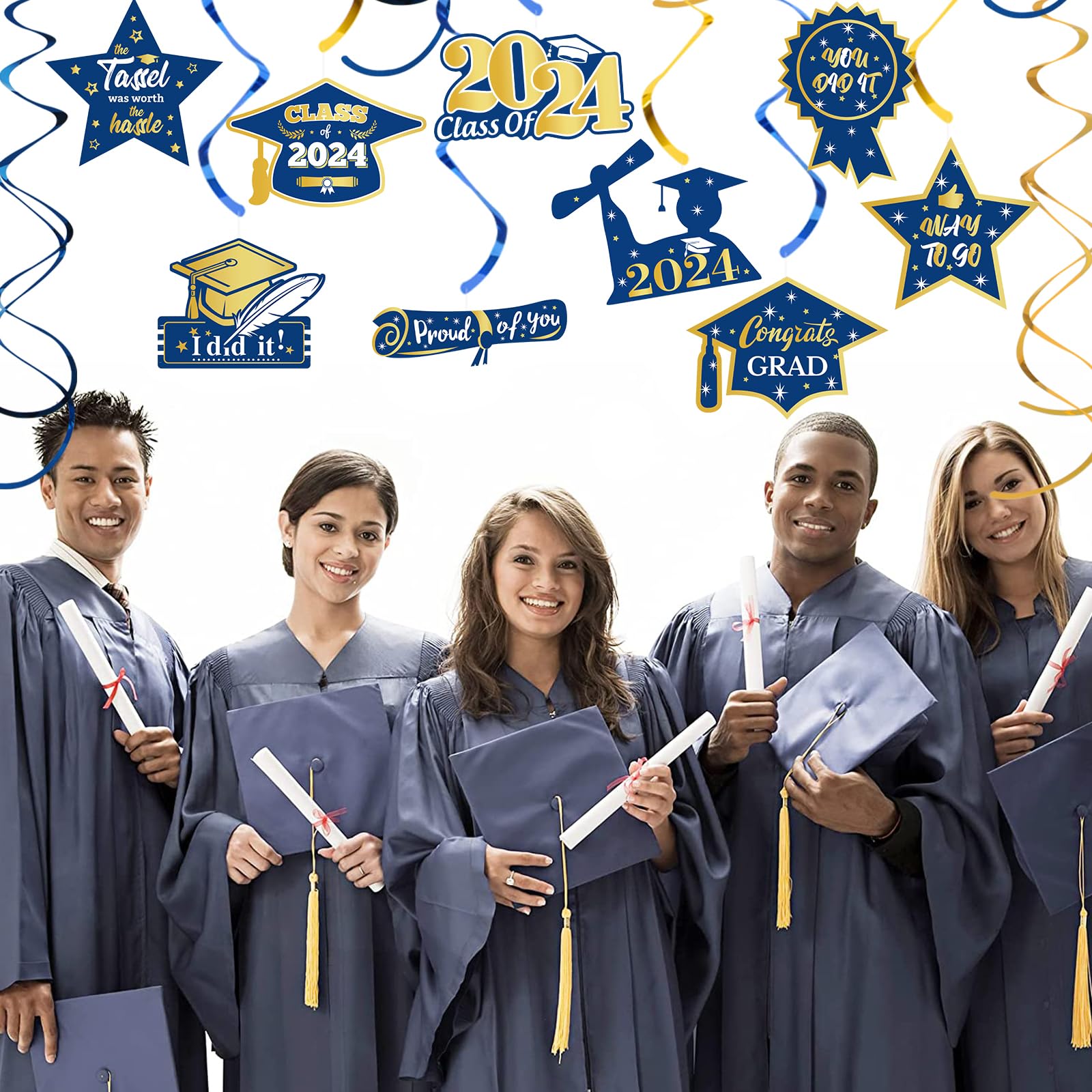 Navy-Blue Gold Graduation Party-Decorations Swirls-Streamers - 15pcs Class of 2023 Congratulations Congrats Decoration Swirls Proud of You Party Favors Supplies Panduola