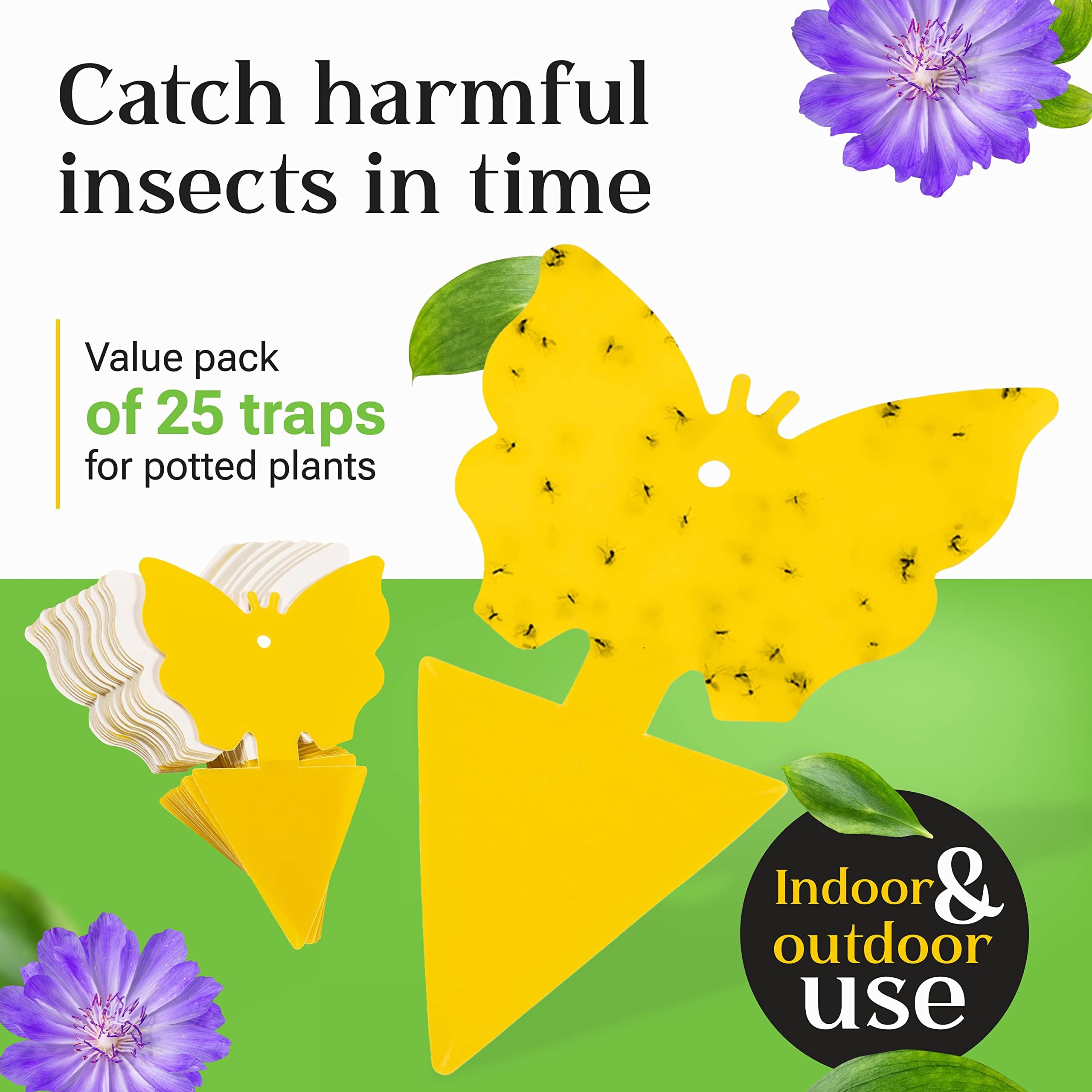 Premium Fruit Fly Traps | Double Sided Gnat Traps | Waterproof Yellow Sticky Traps are Great Outdoors | Also for Fungus Gnats, Aphids, Flies, Moths and Spiders | Pack of 25