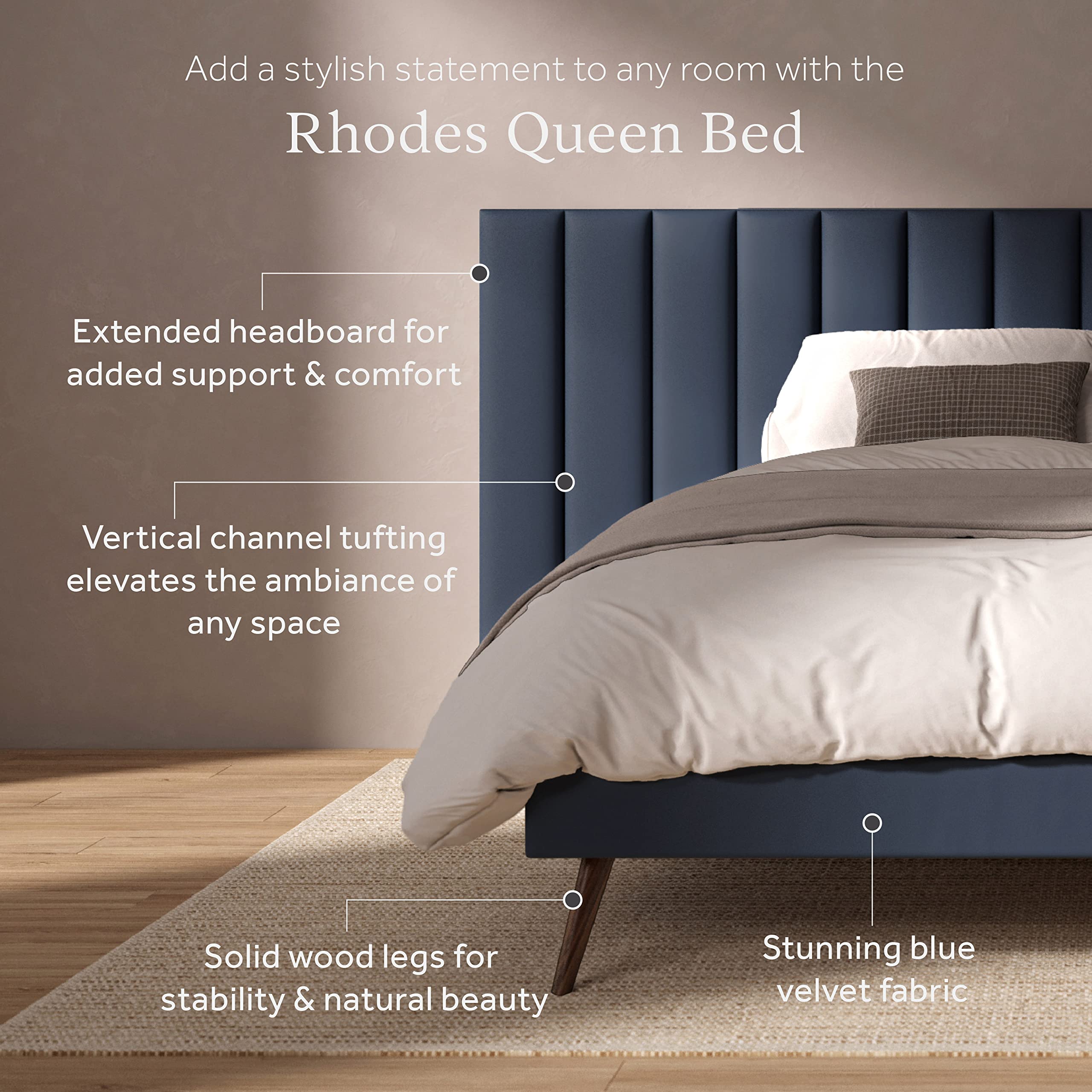 DG Casa Rhodes Queen Bed Frame with Extended Headboard, Soft Blue Velvet Fabric, Splayed Wood Legs, Solid Wood Legs, Wood Slat Support, Chic Tan Headboard, Modern, Blue