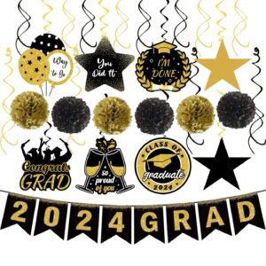 35Pcs Graduation Decorations Pre-Assembled Hanging Swirls 2024 GRAD Banner Graduation Party Decorations Class of 2024 for Classroom Home Party