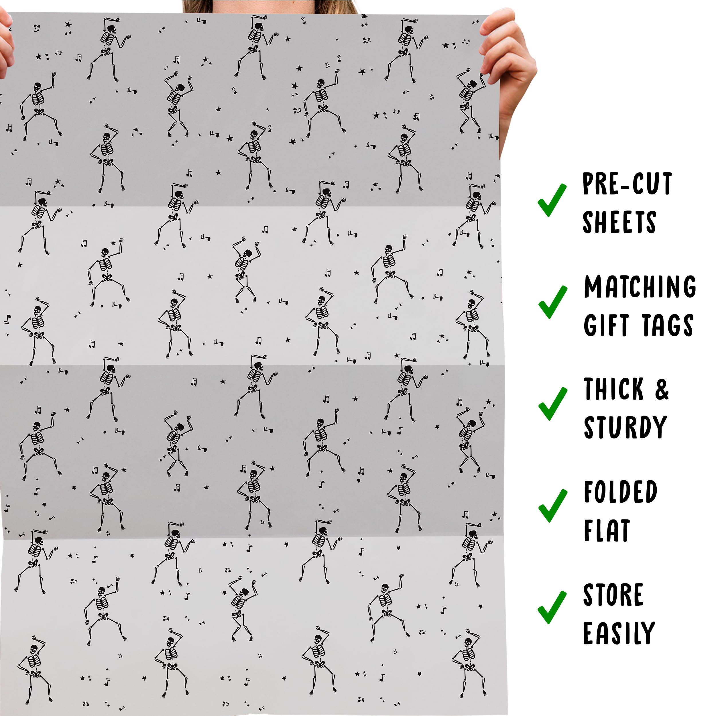 CENTRAL 23 Gray Wrapping Paper - Dancing Skeletons - Halloween Wrapping Paper - Spooky - Goth - Comes With Fun Stickers - Recyclable