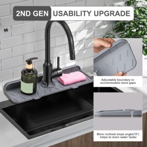 Meiliweser Silicone Faucet Splash Guard Gen 2 - Outlet & Slope Upgraded Faucet Water Catcher Mat - 15” x 5.5” - Sink Sponge Holder for Kitchen, Bathroom(Gray)