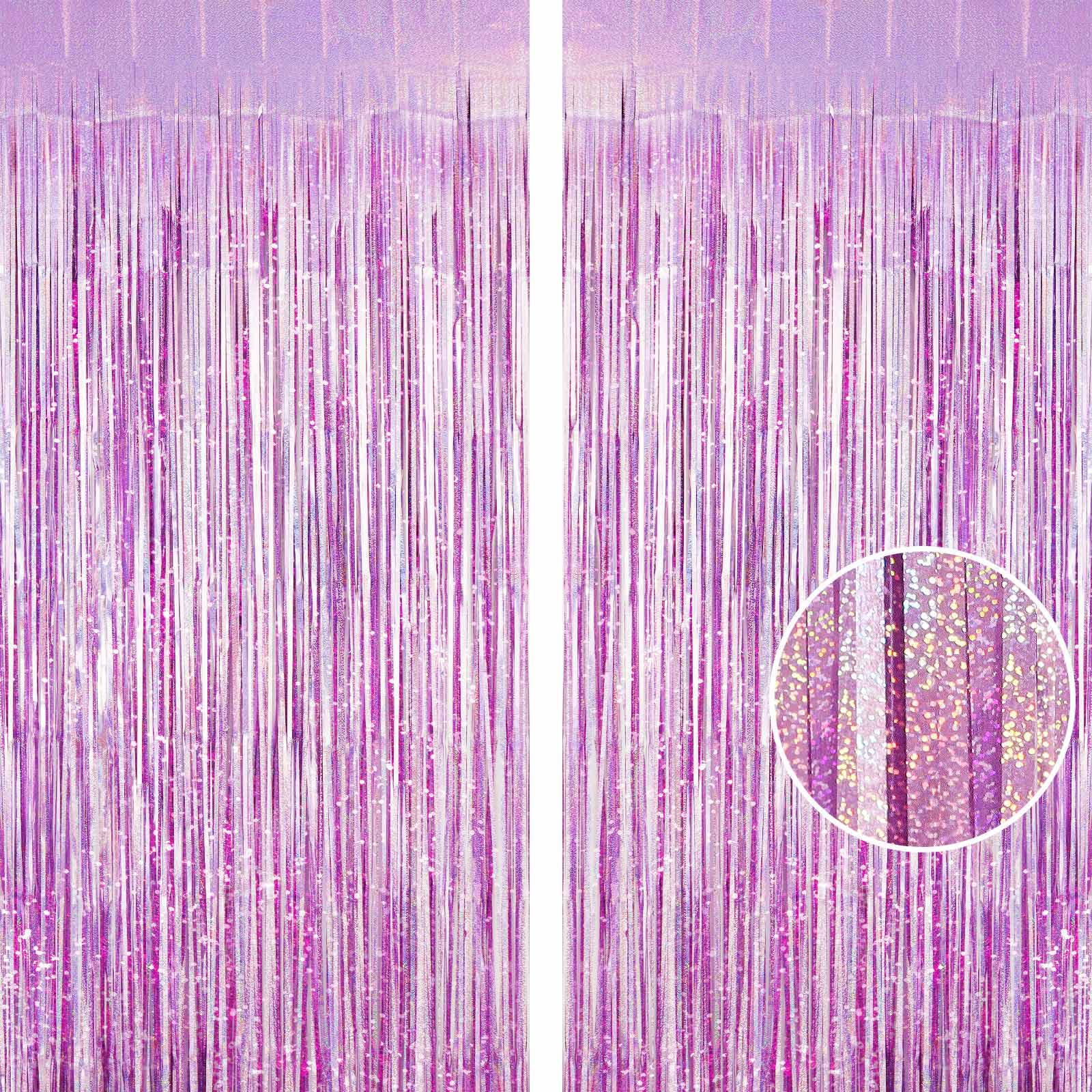 Light Purple Fringe Curtain Backdrop, 2 Pack Tinsel Foil Fringe Curtains Party Decorations Streamers, Xmas Light Purple Metallic Glitter Backdrop for Birthday Wedding Bridal Shower Photo Booth