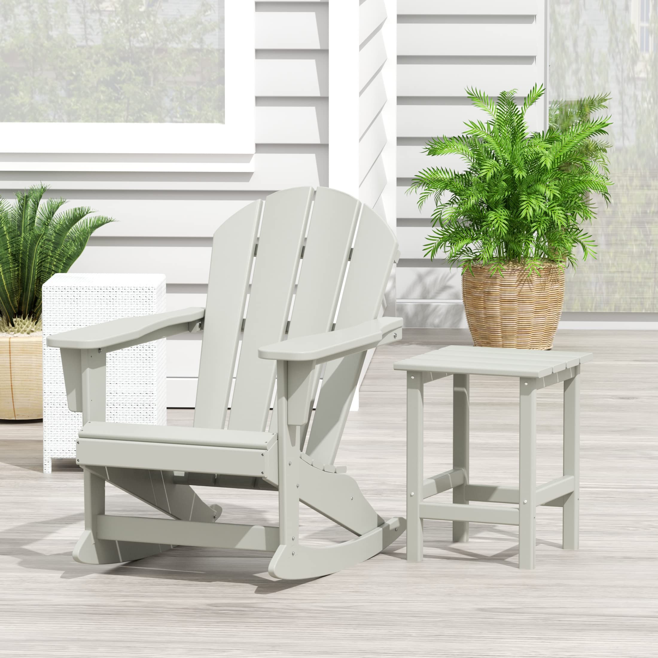 WestinTrends Malibu 3 Piece Outdoor Rocking Chair Set, All Weather Poly Lumber Porch Patio Adirondack Rocking Chair Set of 2 with Side Table, Sand