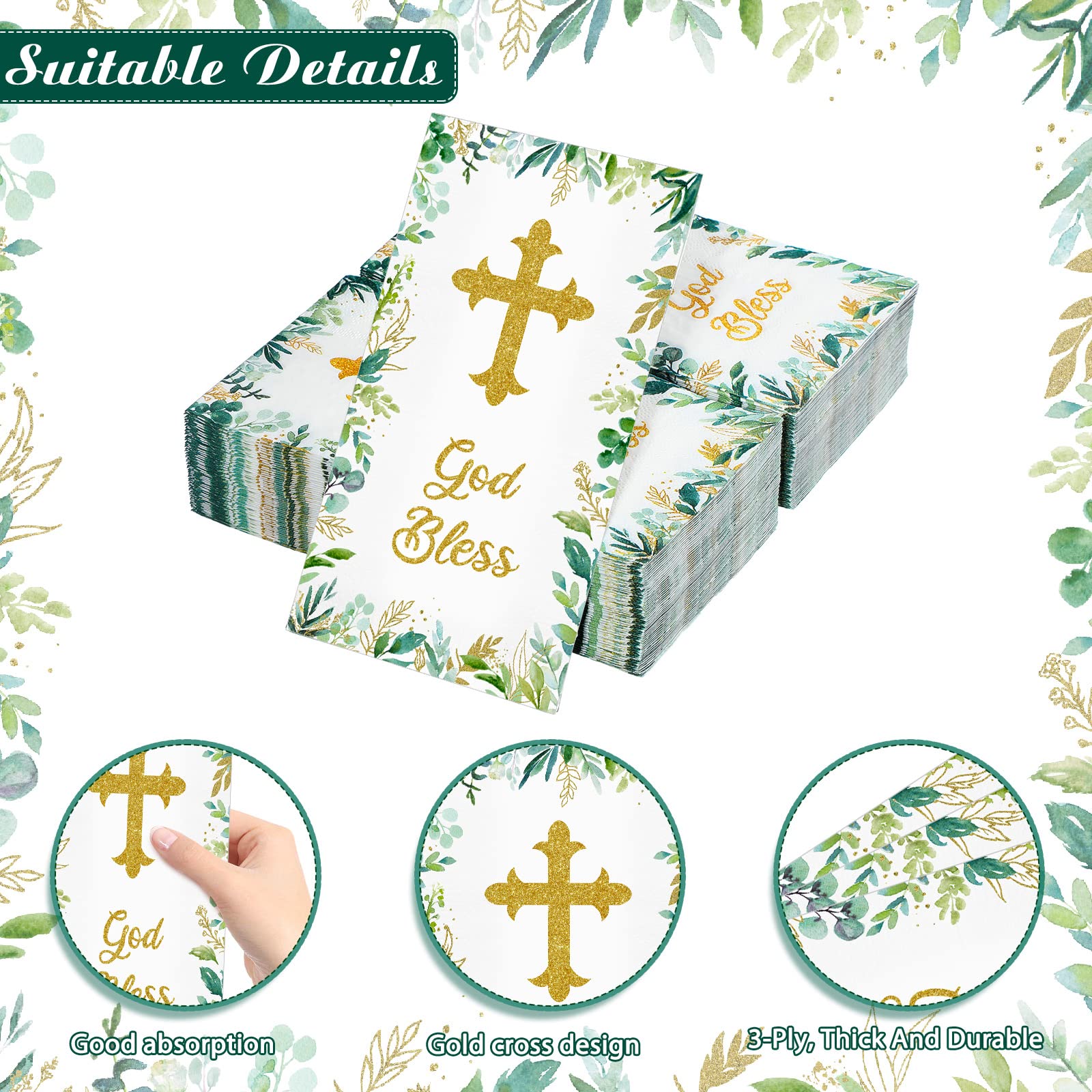 100 Pcs Religious Napkins Baptism Cross Napkins 3 Ply 16 x 13 in First Communion Holy Christening Party Hand Towel Guest God Bless Cocktail Beverage Disposable Napkins for Baptism Party