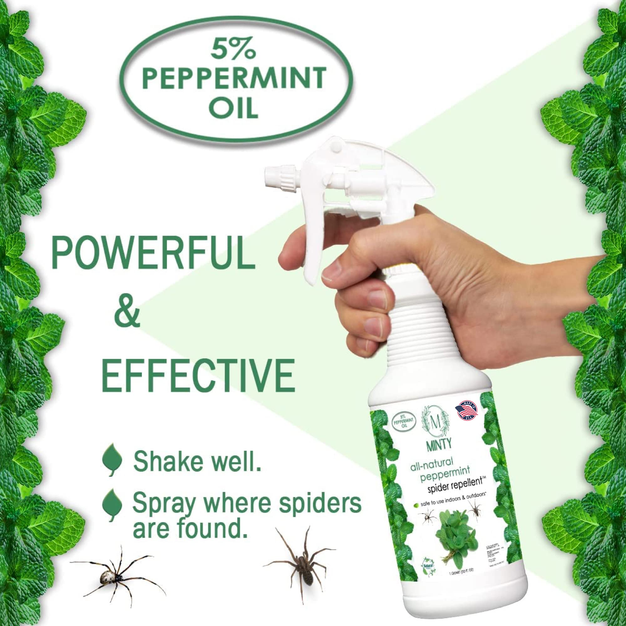 Minty Spider Repellent, Natural 5% Peppermint Oil Spray, Kills & Deters All Types of Spiders and Insects, Indoor and Outdoor Use, 128 fl oz Gallon