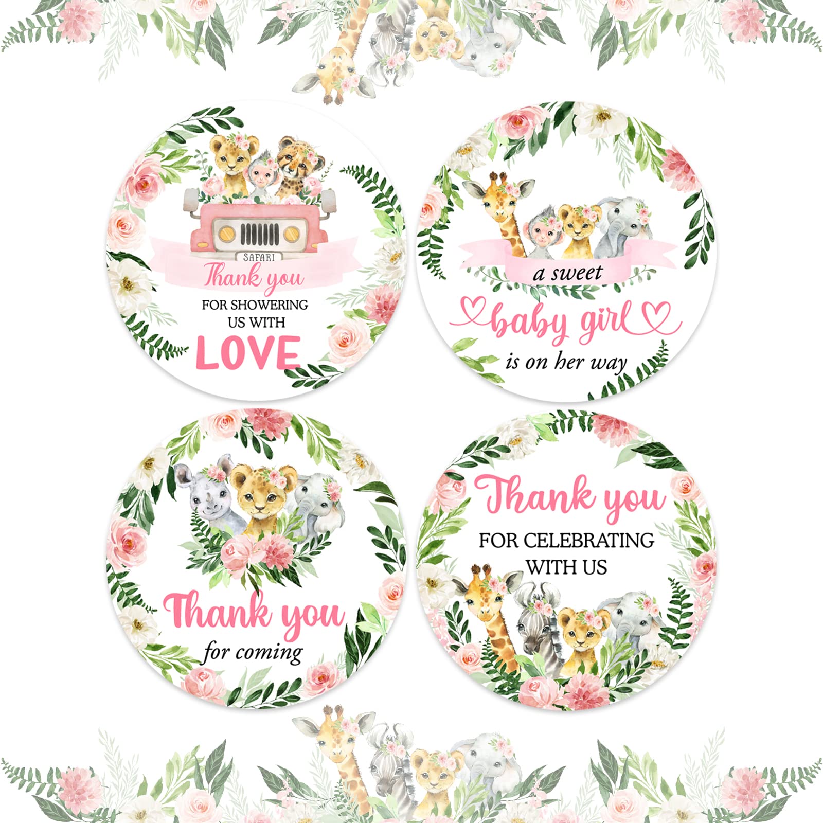 48 Packs Jungle Thank You Stickers for Girls, Baby Shower Safari Jungle Thank You Stickers, Pink Baby Girl Shower Wild Animals Birthday Party Favor Label Decorations(2 Inch)