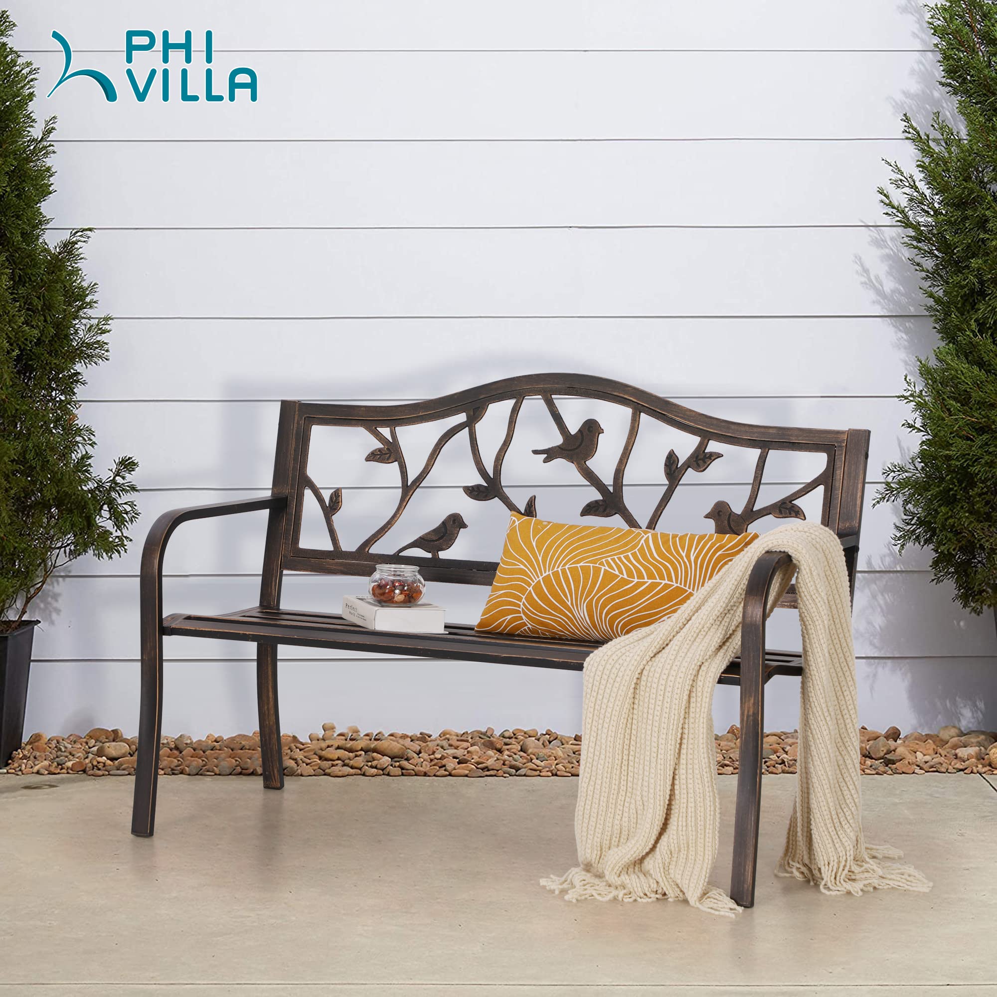 PHI VILLA 50" Patio Garden Bird Bench Steel Frame Park Yard Outdoor Furniture Cast Iron Porch Chair, Bronze