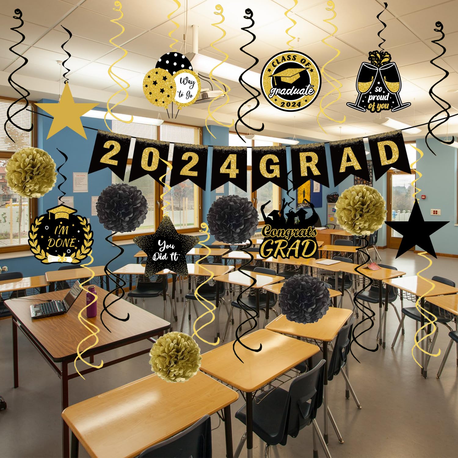 35Pcs Graduation Decorations Pre-Assembled Hanging Swirls 2024 GRAD Banner Graduation Party Decorations Class of 2024 for Classroom Home Party