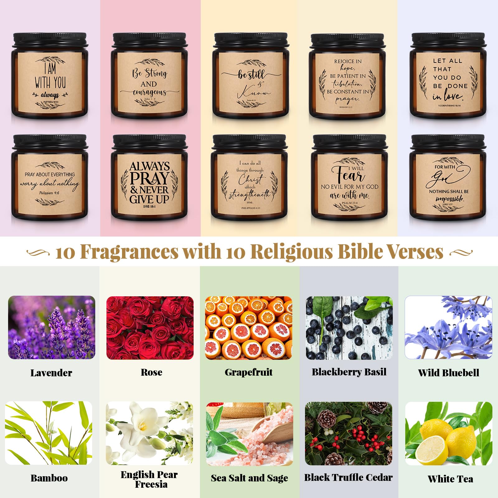 10 Jars Christian Religious Scented Candle Gift Women Set 3.5 oz Bulk Catholic Bible Verses Thank You Gift for Women Faith Friends Teacher Employee Motivational Inspirational Coworkers Gifts(Brown)