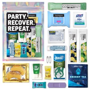 hangover kit - 10 piece pre-filled gift bag - essential supplies set - wedding, birthday, or bachelor/bachelorette - zest hydration packets, chew, & more