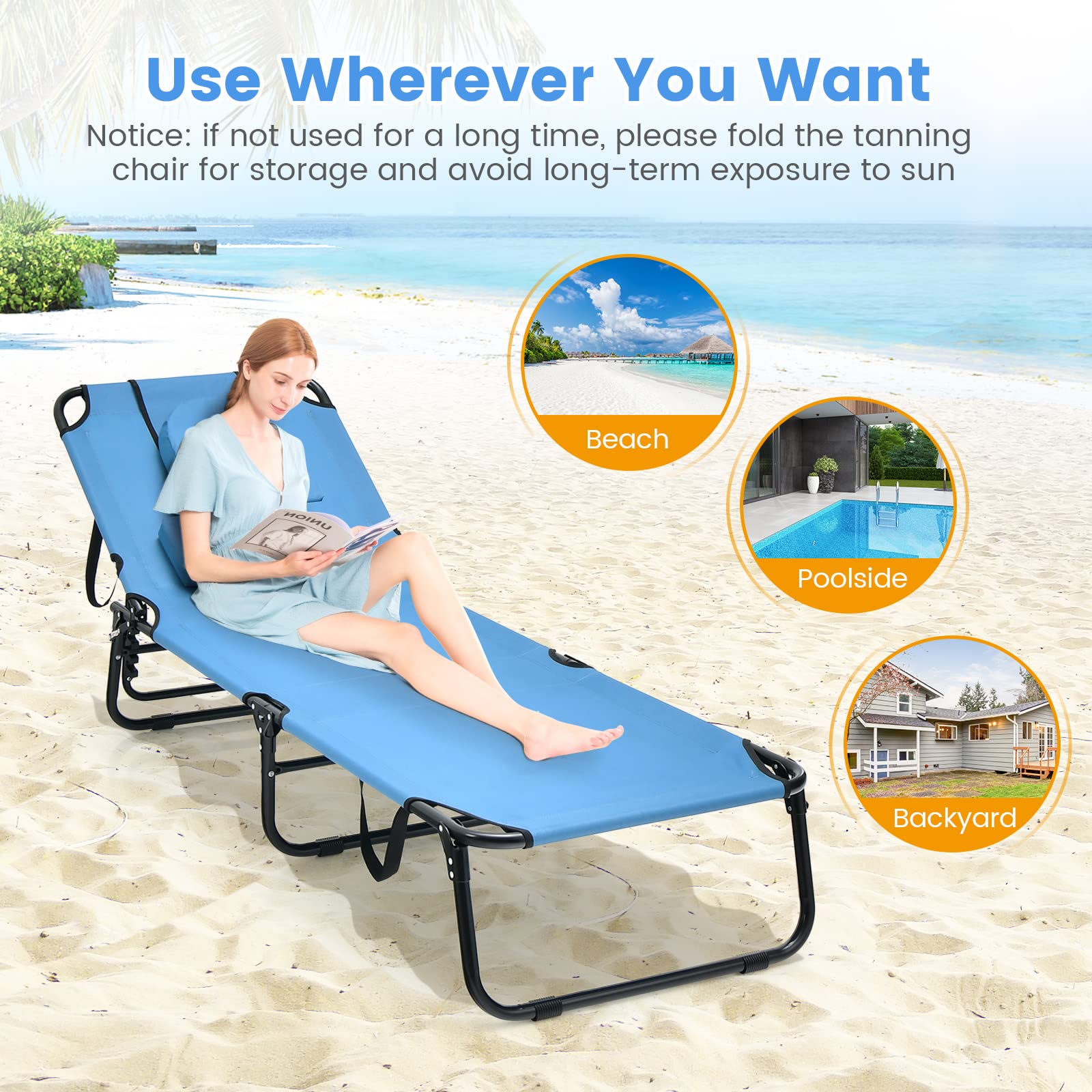 Goplus Tanning Chair, Folding Beach Lounge Chair w/Face Hole, 350LBS Capacity, Removable Pillow, Carry Strap, Adjustable Sunbathing Chair, Patio Chaise Lounger for Outside Lawn Pool Adult (1, Blue)