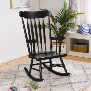 Tangkula Patio Rocking Chair Solid Rubber Wood, Outdoor Porch Rocker Chair with Rubber Wood Frame, Indoor Wooden Rocking Chair, Ideal for Garden, Backyard & Balcony (1, Black)