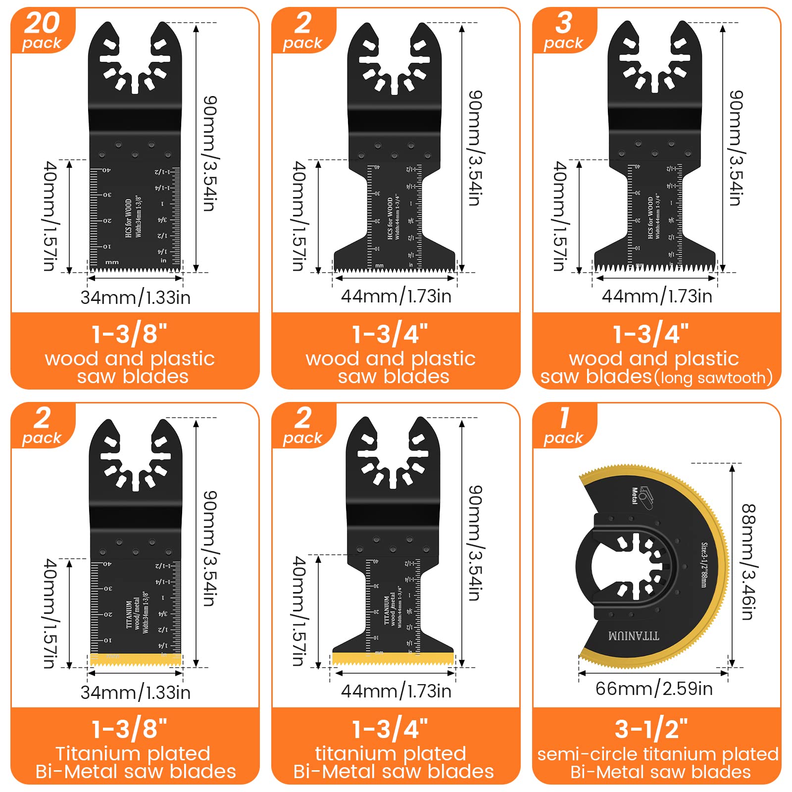 JTWEB 30PCS Oscillating Saw Blades Titanium Oscillating Multitool Blades, Universal Quick Release Multi Tool Blades Kits Wood and Metal Plastics Cutting for Bosch Ryobi Milwaukee Fein