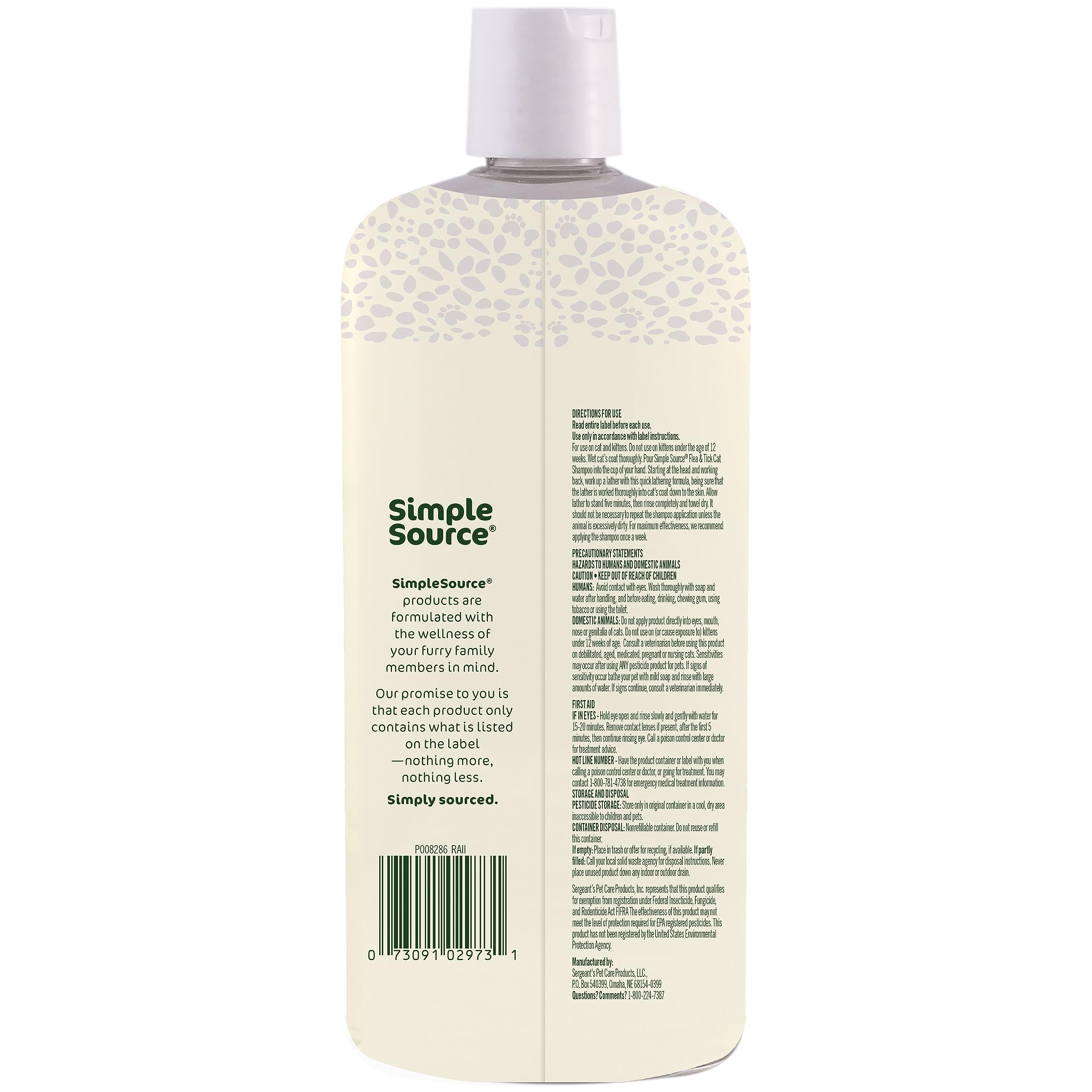 SimpleSource® Flea & Tick Shampoo for Cats, Powered by Plants, Kills Fleas, Flea Eggs, Flea Larvae, Ticks, & Mosquitos, Cleans & Deodorizes, 12oz Bottle