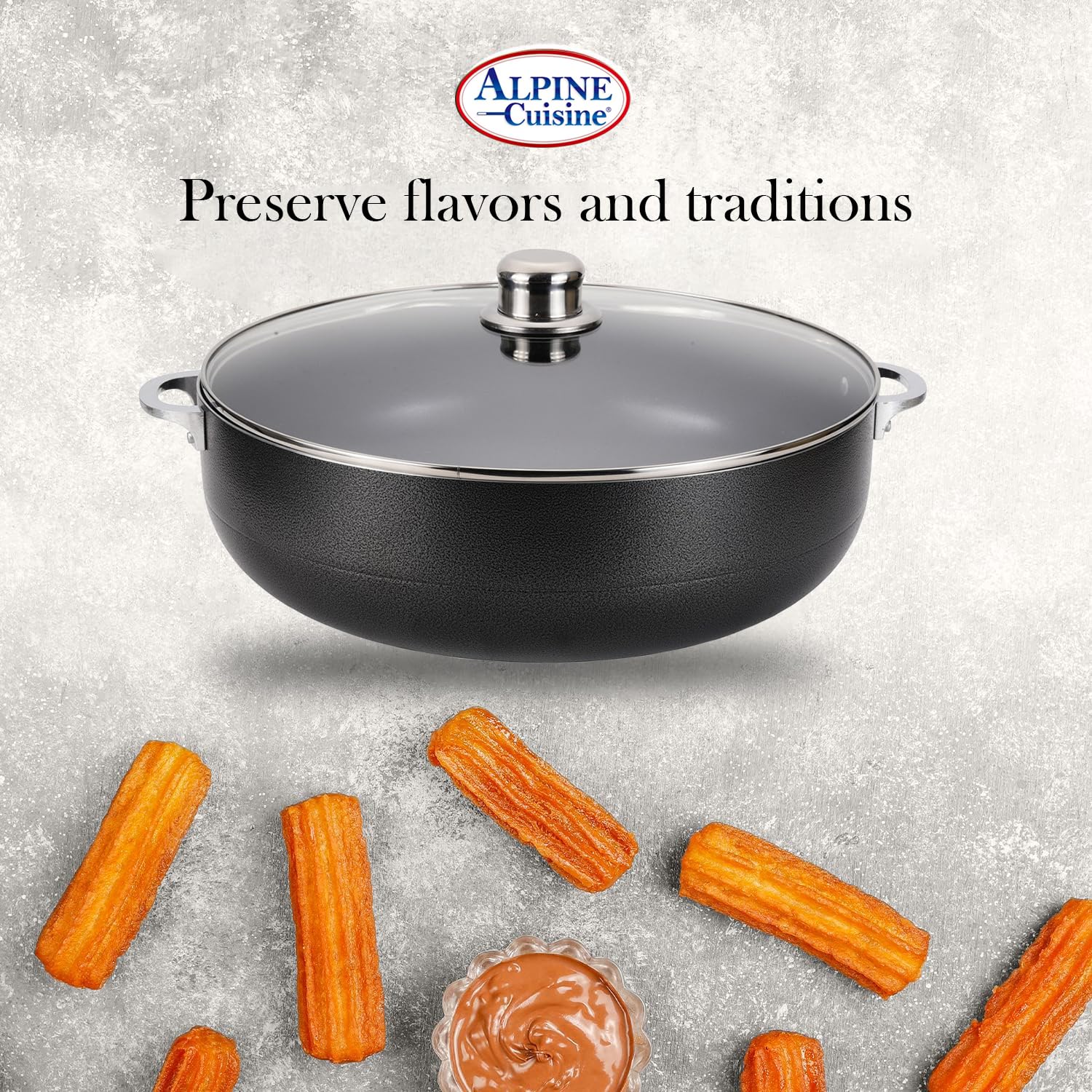 Alpine Cuisine Non-Stick Caldero 7 Quart with Glass Lid | Multi-Purpose Aluminum Dutch Oven for Braising - Boiling - Stewing | Nonstick Coating with Black Finish | Ideal for All Serving Sizes Pot