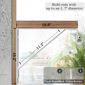 Closet Rod Bracket, Heavy Duty Shelf Bracket with Rod Holder, 11x 10-1/5 inch White Closet Rod Support Wall Mounted Clothes Hanger Pole Support Hooks, 4 Pack