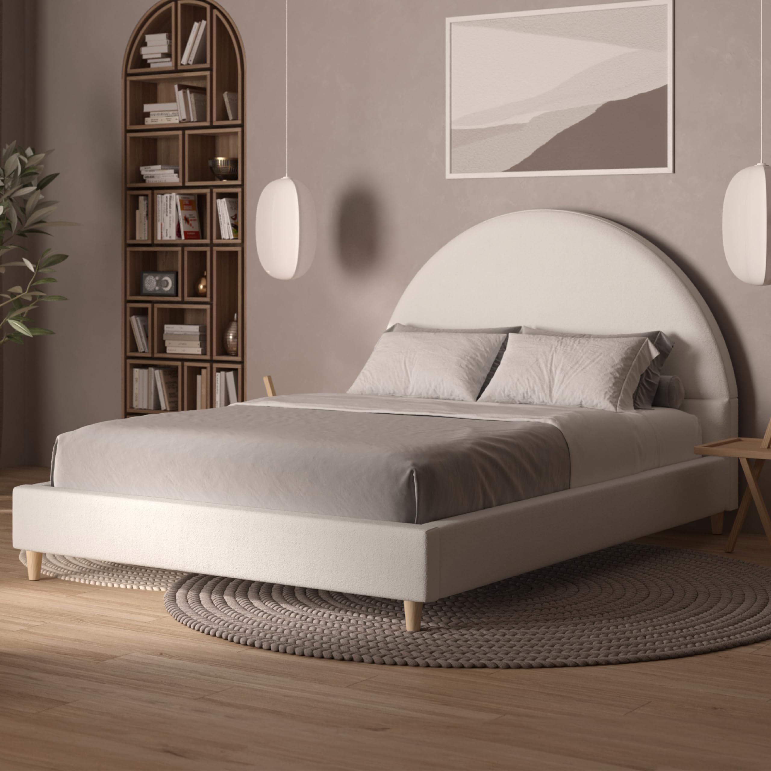 DG Casa Boucle Cloud Bed Frame with Arch Shaped Headboard, Upholstered in Soft Fabric, Platform Bed Frame with Solid Wood Legs - Boho or Modern Style - No Box Spring Needed - Queen Size